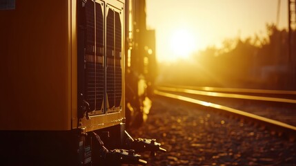 Sunset Over Train Tracks with Locomotive and Warm Golden Light