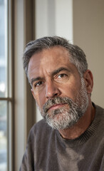 Portrait of mature man with gray beard sitting by window with soft natural indoor light