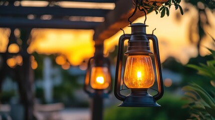 Vintage Lantern Hanging in a Serene Outdoor Setting at Dusk