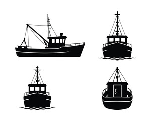 Fishing Boat Silhouette Collection Diverse Views Nautical Vessel Vector Illustration