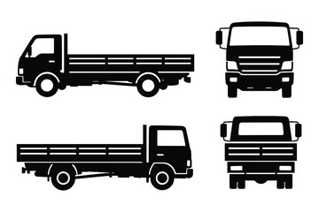 Flatbed Truck Silhouette Collection for Hauling Materials in Black and White Style