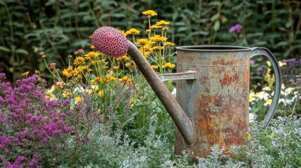 Vintage Watering Can Surrounded by Colorful Flowers in Garden