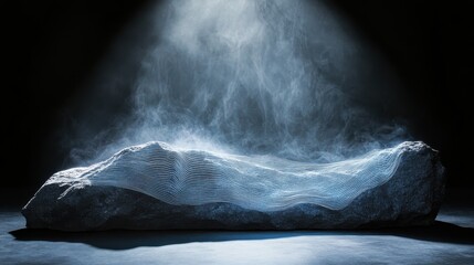 Surreal Rock Formation with Ethereal Light and Mist Effects