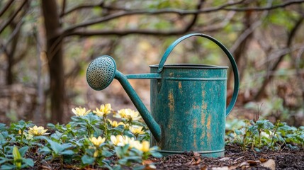 Vintage Watering Can Surrounded by Yellow Flowers in Garden Setting