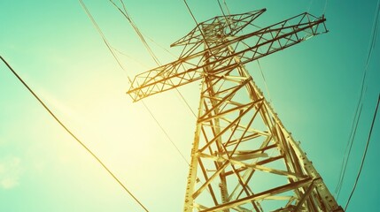Tall Power Line Tower with Clear Blue Sky and Sunlight Glow
