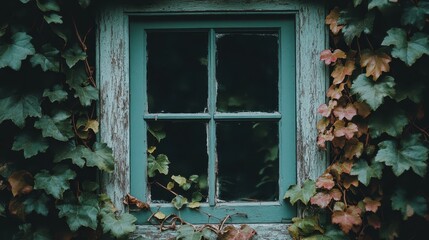 Vintage Window Framed by Ivy with Rustic Wooden Surround