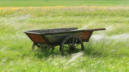 Vintage wooden wheelbarrow on green grass field in soft breeze