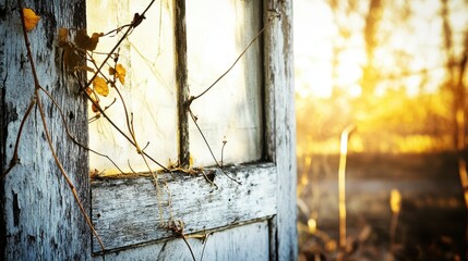 Weathered Door Frame Surrounded by Nature at Golden Hour