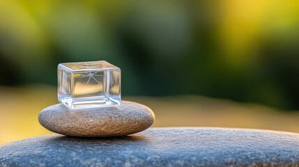 Transparent Crystal Cube with Spider Pattern on Smooth Stone Surface