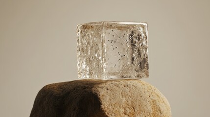 Transparent Ice Cube on Stone Surface with Abstract Air Bubbles