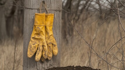 Weathered Yellow Gloves Hanging on a Wooden Post in a Field