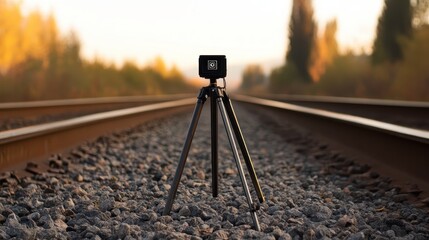 Tripod on Railroad Tracks Surrounded by Nature at Sunset