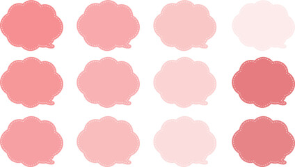 ピンク系の１２色の吹き出しセット。吹き出しの内側に白い破線がある。使いやすくてかわいいふきだしセット。