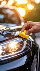 Male hand cleaning car headlight with sponge at sunset