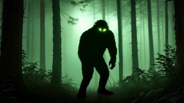 bigfoot silhouette with glowing eyes walking in deep dark forest