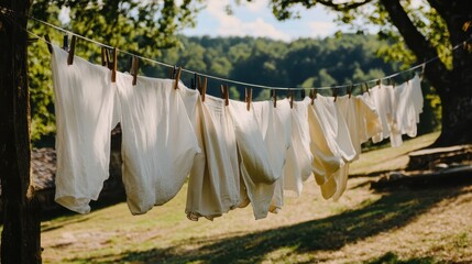 White Clothing Drying on Clothesline in Natural Outdoor Setting