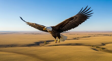 Majestic Eagle in Flight Over Expansive Landscape