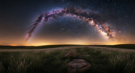 Milky Way Galaxy Arching Over Grassy Field at Night