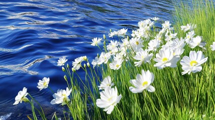 White Daisies Blooming Along a Tranquil Blue Lake Shoreline