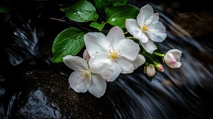 White Flower Blossoms by Flowing Water in Natural Setting
