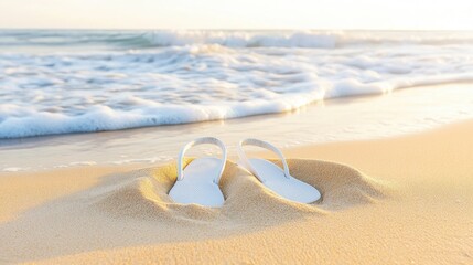 White Flip-Flops Half-Buried in Golden Sand by Tranquil Ocean Waves