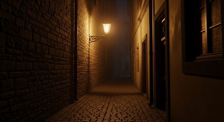Nighttime cobblestone alleyway with a single lamp illuminating the path