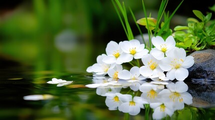 White Flowers on Water Surface with Clear Reflection in Nature