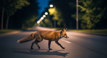 Red Fox Crossing Night Road at Dusk