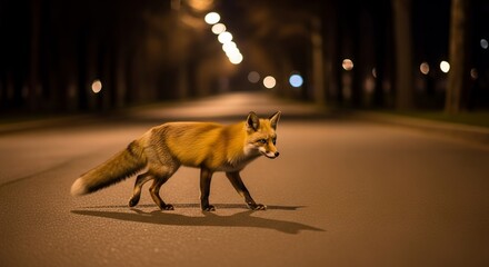 Red Fox Walking at Night on Road Wildlife Photography