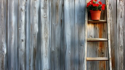 Wooden Ladder Against Rustic Wall with Flower Pot and Red Blooms