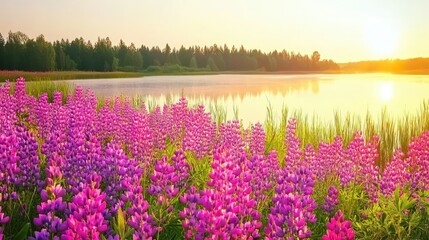 Naklejka premium Vibrant Pink Flowers by Tranquil Lake at Sunrise with Lush Greenery