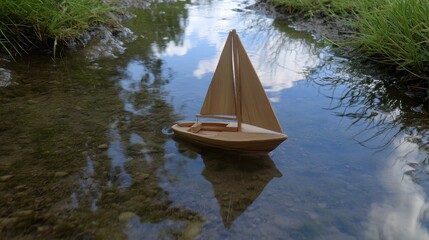 Wooden Sailboat on Calm Water Surrounded by Lush Green Grass