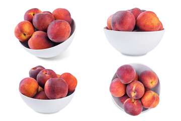 Fresh raw peaches in a white bowl on a white isolated background