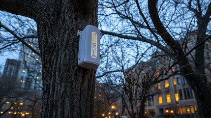 Urban Tree with Technology Device at Dusk in City Park Scene