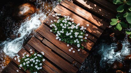 Wooden Pathway Overflowing with Delicate White Flowers Near Water
