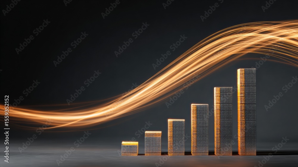 Poster stacked bar chart illustrating growth with light trails against a dark neutral background showcasing