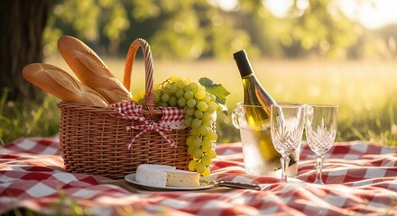 Romantic Outdoor Picnic with Wine and Cheese
