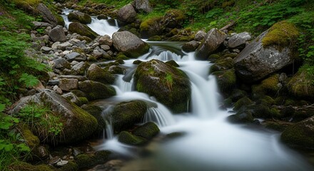 Serene Waterfall Flowing Over Mossy Rocks in Lush Green Nature