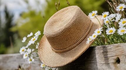 Woven Straw Hat Resting Among Daisies in a Garden Setting