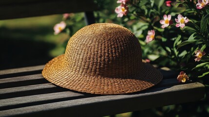 Woven Straw Hat Resting on Wooden Bench Surrounded by Flowers