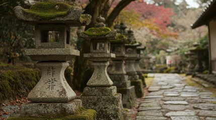 Tranquil Japanese Garden Path With Traditional Stone Lanterns