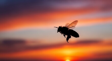 Silhouette of a bee flying at sunset nature photography