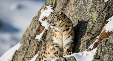Snow Leopard on Rocky Mountain Peak in Winter