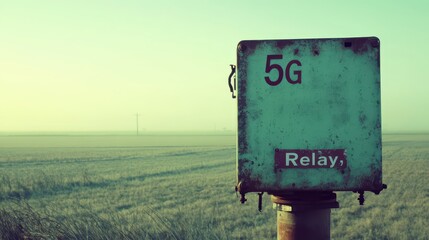 Vintage 5G Relay Box in Open Field Under Clear Sky at Dusk