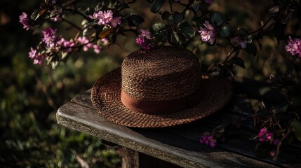 Woven Straw Hat Resting on Wooden Table Surrounded by Flowers
