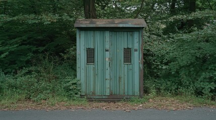 Vintage Green Utility Shed Surrounded by Lush Greenery in Nature
