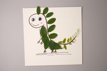 Leaf dinosaur collage for children nature education, suitable for schools, eco workshops, early learning brands, toy packaging, science books, DIY content, postcard and invitation design