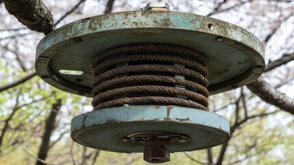 Vintage Metal Pulley with Steel Cable Hanging from Tree Branch