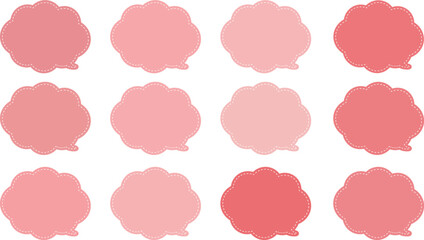 ピンク系の１２色の吹き出しセット。吹き出しの内側に白い破線がある。使いやすくてかわいいふきだしセット。