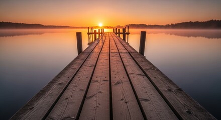 Sunrise over calm lake with wooden pier